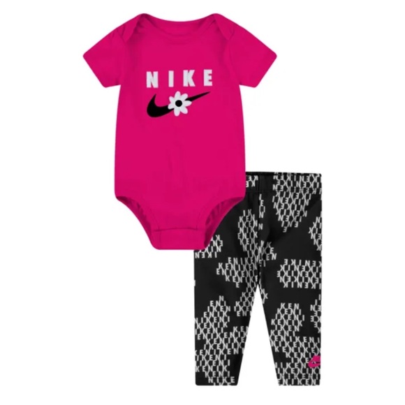 NIKE | Daisy hot pink bodysuit & blk/wht patterned leggings/yoga pants 2pc set - Picture 1 of 6